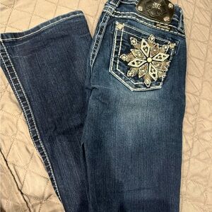 Miss Me Blue Boot Cut Jeans with Ornate Back Design